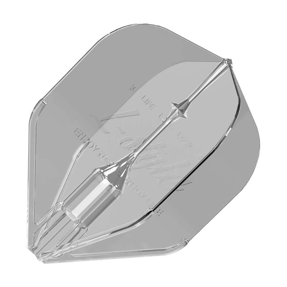Das Bild zeigt ein transparentes Dartflight des Modells "L-Style Fantom L1EZ Flights Clear". Das Flight hat eine klare, glänzende Oberfläche und eine spezielle Form für Stabilität beim Werfen.